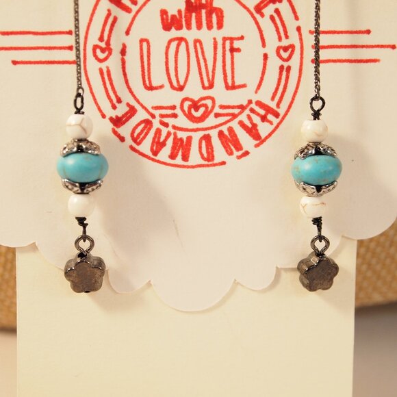 Long Howlite Turquoise Earrings Boho Dangle Pierced or Clip-on Earrings - Picture 3 of 8